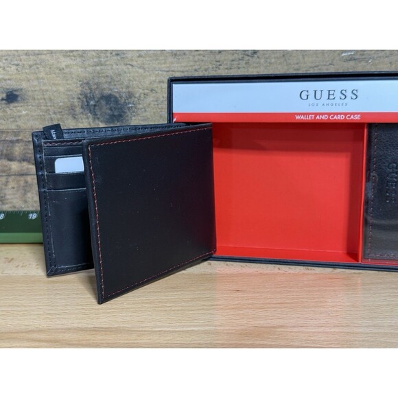Rare- Guess Men’s Leather Wallet Bifold And Card Case Set Black NEW Gift Box - Picture 6 of 9